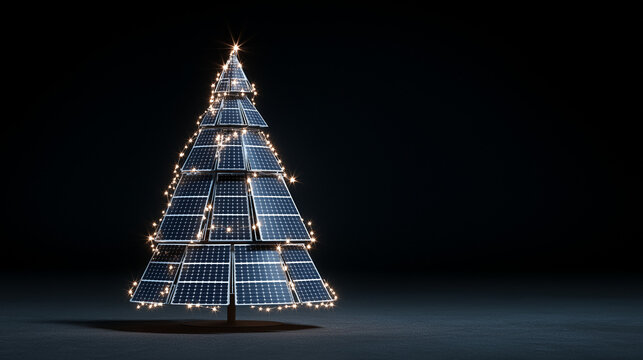 Christmas tree made of solar panels . Concept of holiday decoration and eco-friendly and green technology, renewable energy solutions , on dark  background  - Powered by Adobe