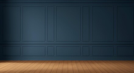 "Elegant architectural interior with deep blue painted walls, classic panels and trims, detailed crown molding, and warm oak floor &ndash; realistic vector background"