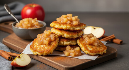 Delicious apple fritters are stacked high with apple topping on wooden board, accompanied by apples. Homemade apple fritters look scrumptious with cinnamon sticks, offering warm, comforting flavor.