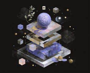 Neural network, geometric digital network, overlapping, black background, blue, neural brain, networking through ai, conceptual artwork
