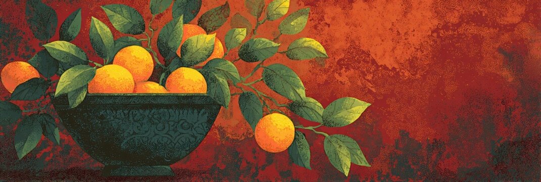 chinese new year banner, tranquil banner features close-up of fresh tangerines, oranges, red envelopes, and gold leaf accents on blurred red fabric