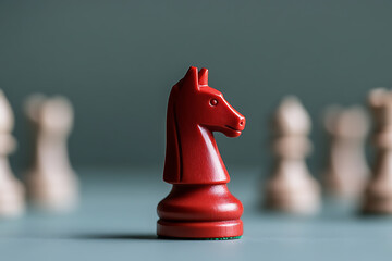 Bold Red Knight: A singular, vibrant chess piece stands out from its peers, symbolizing strategy, leadership, and unique perspectives on the board.