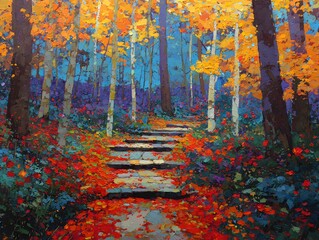 Footsteps through vibrant autumn leaves in a tranquil forest
