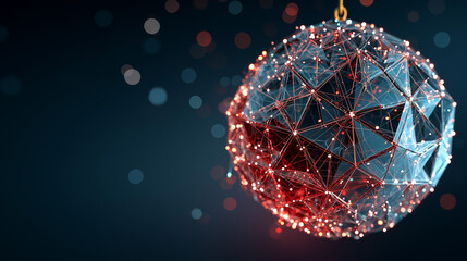 A modern low-poly red Christmas tree ball decoration featuring geometric facets, vibrant colors, and a sleek, minimalistic holiday design on dark gray background
