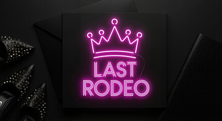 Last Rodeo bachelorette party invitation with neon crown design  