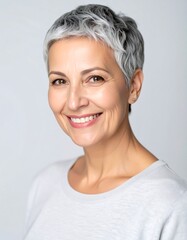 Fototapeta premium Portrait of a smiling woman with short gray hair