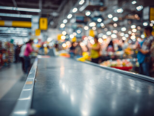 Empty conveyor belt in supermarket checkout area with blurred shoppers waiting in line among bright store lights and bustling aisle background