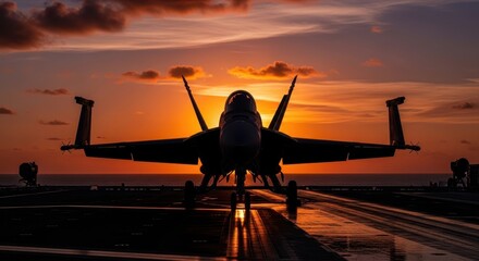 Fighter Jet Silhouetted Against Fiery