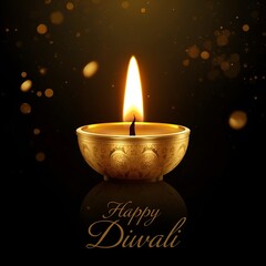 Golden Diya with Glowing Flame on Black Background Happy Diwali Design
