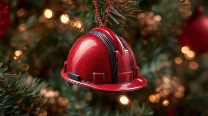 red metallic builders helmet hangs from a decorated Christmas tree, bathed in warm, twinkling lights. The scene blends construction gear with holiday cheer, suggesting work and celebration together.