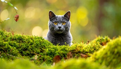 Gray cat in mossy forest