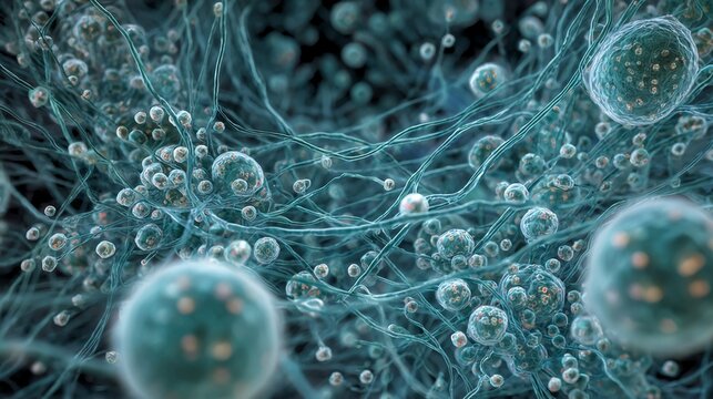Microscopic view of cellular structures and organic fibers, illustrating a complex biological network. - Powered by Adobe