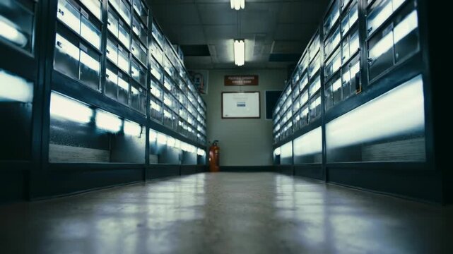 Rows of metal mailboxes in a hallway, floor view, with vintage style and an orange fire extinguisher against the wall.