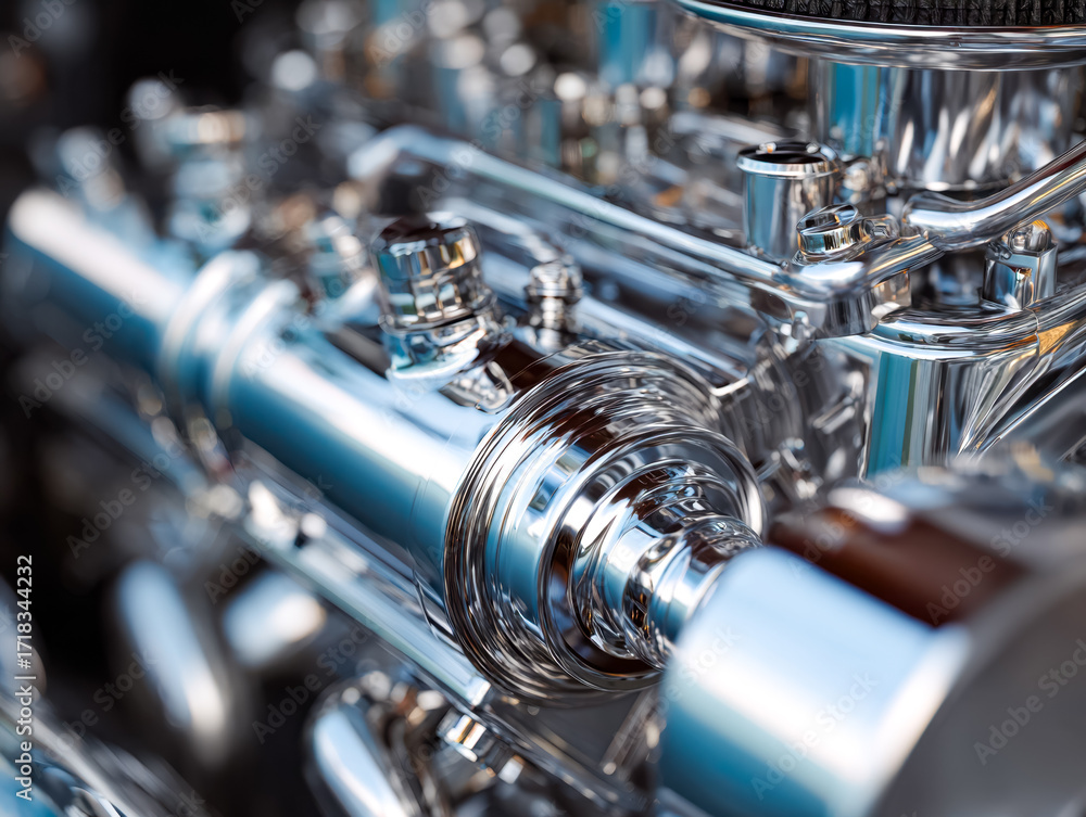 Poster close-up of a shiny chrome engine component emphasizing craftsmanship and precision.