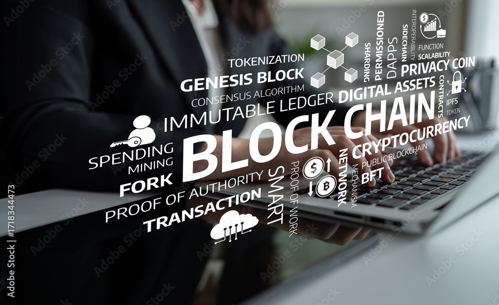 Poster explore the dynamic world of blockchain technology with keywords highlighting its significance in di
