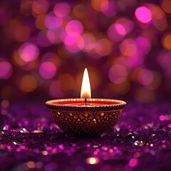 Traditional Diwali Celebration with Single Golden Diya Flame