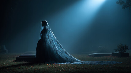 Ghostly bride rises from the grave under eerie moonlight in the cemetery