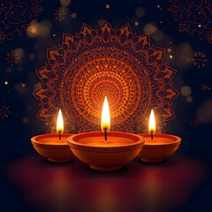 Traditional Diwali Diyas with Mandala Art Background and Glowing Lights