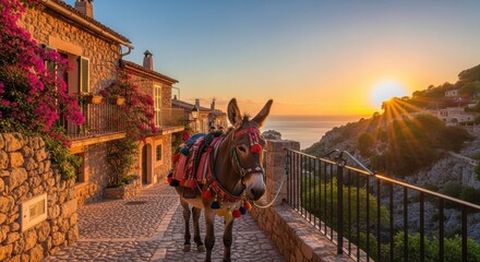 Donkey walks down a sunlit street in a Mediterranean village with flowers and sea views at sunset