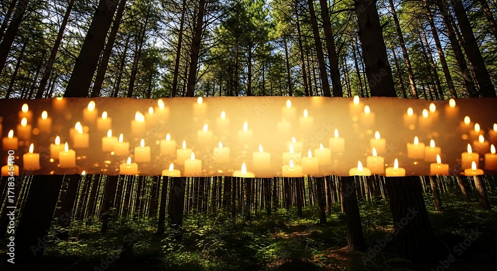 Poster candles illuminate a forest scene, creating a warm and inviting atmosphere with the trees providing 