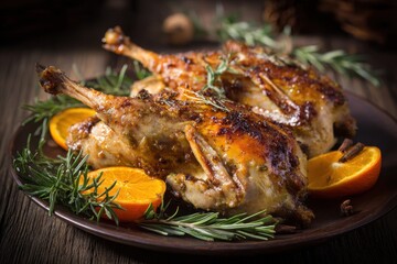 Cooked Pheasant. Crispy Glazed Roasted Pheasant with Orange for Autumn Season