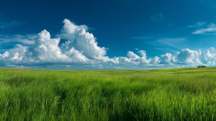 Fototapeta premium A tranquil atmosphere pervades the rolling green hills and serene blue sky of this idyllic countryside, ideal for peaceful nature settings