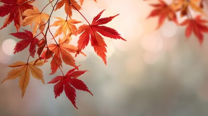 Web banner design for autumn season with red and yellow maple leaves with soft focus light and bokeh background