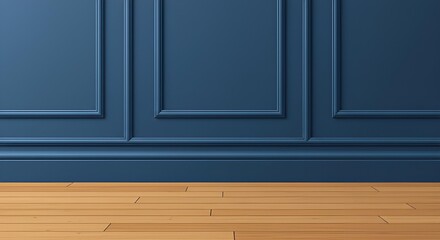 "3D vector illustration of wall section with traditional blue paneling, subtle light and shadows, wooden floor, and base molding &ndash; classical architectural detail"