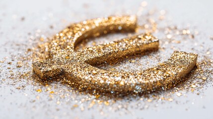 Golden horseshoe covered in glitter on a white surface.