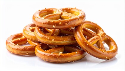 Glossy golden-brown pretzels stacked in a slightly overlapping pile on a white background, topped with coarse salt crystals and showcasing rich texture and snack appeal.