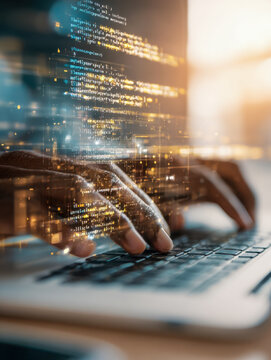 Close-up of hands typing on a laptop keyboard with glowing programming code overlay symbolizing software development and digital technology innovation at work