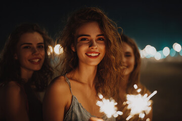 group of friends happily ignites sparklers in backyard of cozy home celebrating together