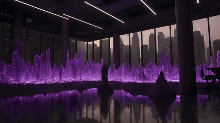 Illuminated purple crystal-like structures in a modern indoor space with city skyline visible through large windows
