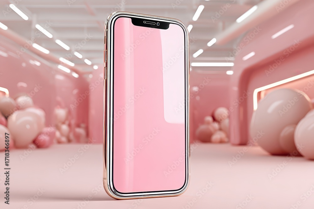 Poster a smartphone with a pink screen is displayed in a futuristic pink room filled with bubble-like eleme