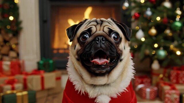 A pug wearing a Santa suit,  smiling widely, in front of a fireplace and Christmas tree, with blurred holiday presents