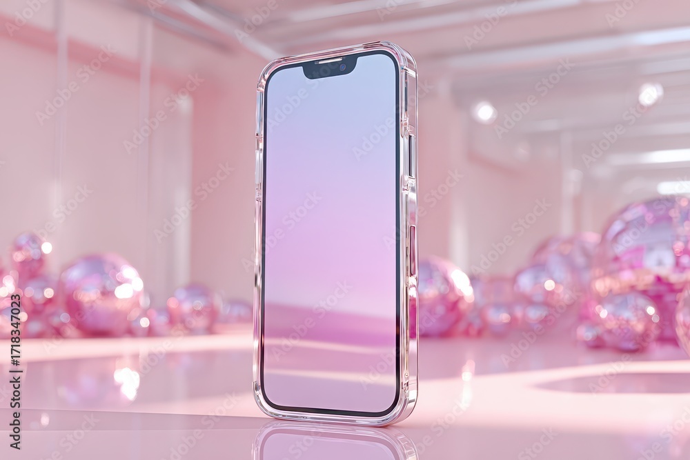 Poster close-up shot of a modern smartphone with a clear protective case, presented against a glossy pink b