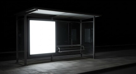 Brightly lit blank advertising screen at an empty urban bus stop shelter on a dark night street sidewalk scene