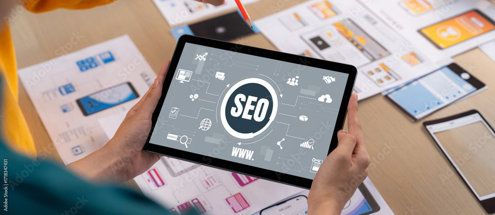 Poster seo search engine optimization for brisk e-commerce and online retail business showing on computer s