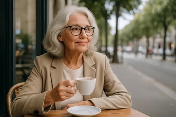Smiling senior woman sitting outdoors at a café table, holding a cup of coffee and enjoying the street view.
