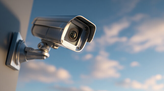 Outdoor security camera mounted on a wall capturing high-definition video with a blurred sky background in soft natural daylight for surveillance purposes
