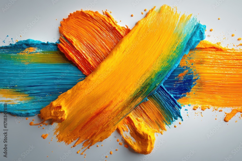 Poster abstract cross of vibrant blue and golden yellow paint strokes, creating a textured and colorful des