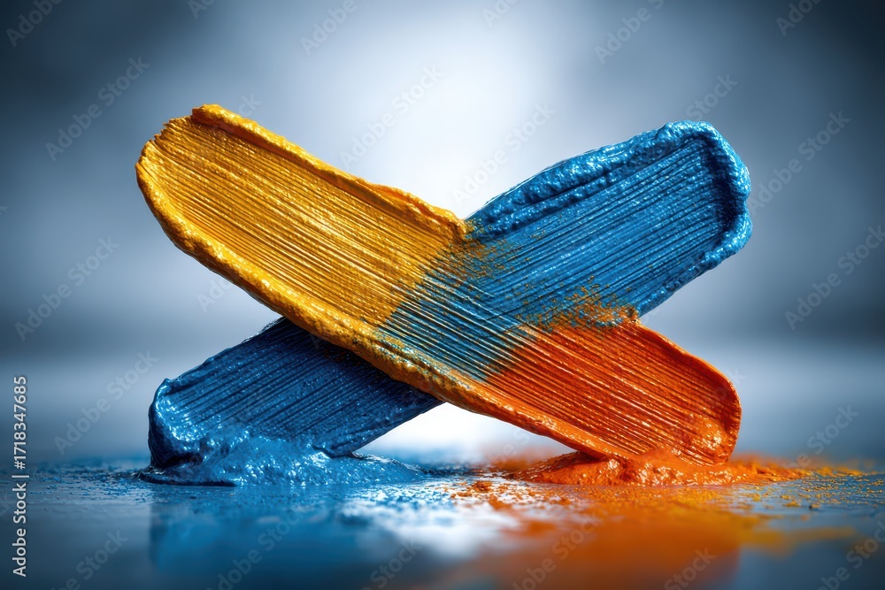 Poster close-up image of overlapping strokes of vibrant orange, yellow, and blue paint on a smooth surface,