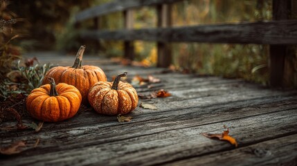 Halloween Zoom. Pumpkin Harvest on Old Weathered Wooden Bridge in Autumn