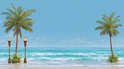 Hawaii's border, complete with palm trees, tiki torches, and ocean waves, is well-suited for beach party flyers, travel promotions, and tropical design themes