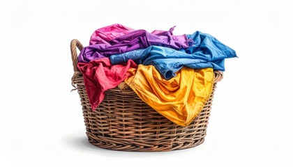 Overflowing wicker laundry basket filled with colorful clothes in red, yellow, blue, orange, and white, set against a plain white background.