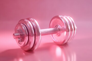 A single rose gold dumbbell resting on a shiny pink surface, showcasing fitness and strength, suitable for gyms and personal training promotions, with a sleek design.