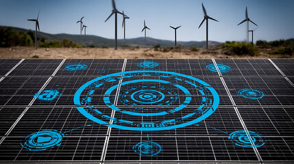 Solar panels with digital interface overlay and wind turbines in the background