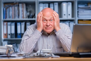Fototapeta premium Senior Stress Funny. Mature Businessman Making Mistakes on Laptop at Office Desk