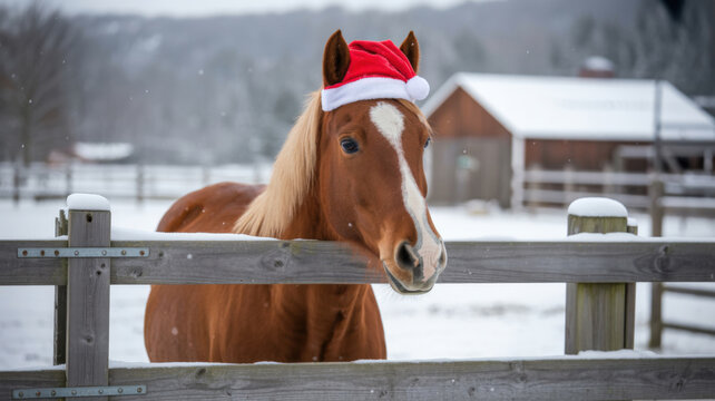 Equine Holiday Cheer A Chestnut Horse Wearing a Santa Hat in a Snowy Winter Pasture