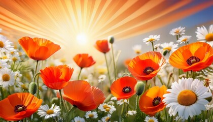 Obraz premium Bright Orange Poppies With Daisies And A Sunburst Background Create A Vibrant Floral Display